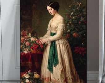 Vintage Victorian Christmas Wall Art Printable Digital Download Woman by Christmas Tree Poster