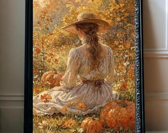Pumpkin Patch Poster Printable Digital Download Cottagecore Woman Painting Rustic Decor