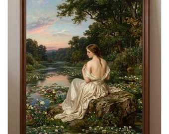 Vintage Water Lily Pond Painting: Pre-Raphaelite Woman, Romantic Sunset Decor (Digital Download)