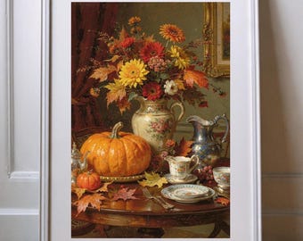 Vintage Fall Still Life Art: Autumn Pumpkin Floral Oil Painting (Digital Download)