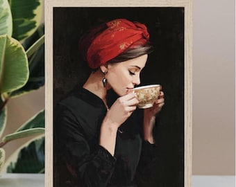 Vintage Woman Drinking Tea Wall Art Moody Red Headscarf Painting Printable Digital Download