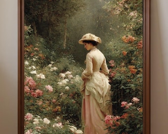 Victorian Lady in Flower Garden Poster - Elegant Woman Digital Download