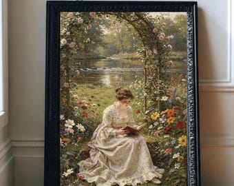 Vintage Reading Woman Wall Art Victorian Garden Poster Printable Digital Download Romantic Oil Painting