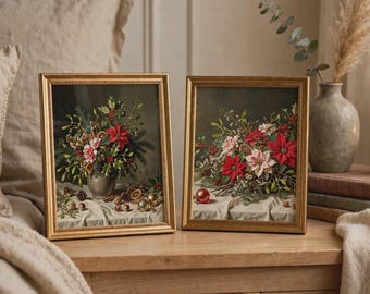 Vintage Christmas Poinsettia Wall Art Set of 2 Printable Holiday Still Life Digital Download