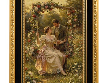 Victorian Couple on Swing - Vintage Rose Garden Wall Art | Romantic Oil Painting Digital Download
