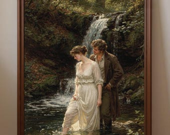 Victorian Couple at Waterfall Wall Art Vintage Romantic River Poster Printable Digital Download