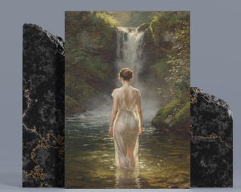 Victorian Woman at Waterfall Wall Art Vintage Forest River Poster Printable Digital Download