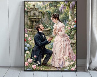 Victorian Garden Proposal Art Print: Romantic Couple Painting (Digital Download) Story Bonus