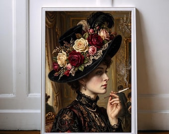 Vintage Victorian Woman Floral Hat Cigarette Wall Art Moody Portrait Printable Digital Download