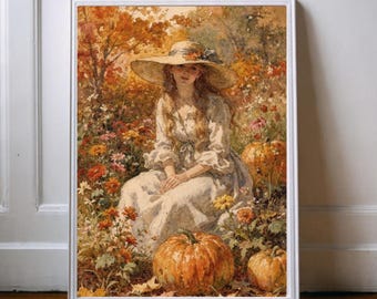 Vintage Fall Watercolor Wall Art Autumn Pumpkin Patch Poster Printable Digital Download Cottagecore