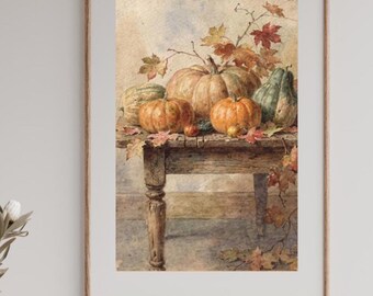 Farmhouse Thanksgiving Decor Vintage Fall Watercolor Wall Art Autumn Pumpkin Printable Digital Download Rustic