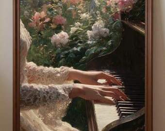 Victorian Piano Hands Wall Art Vintage Music Poster Printable Digital Download Moody Floral