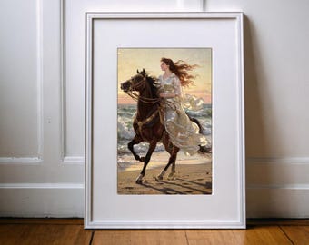 Moody Victorian Woman Riding Horse Wall Art | Vintage Ocean Beach Printable Digital Download