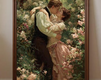 Victorian Couple Kissing Oil Painting - Vintage Garden Wall Art - Floral Digital Download