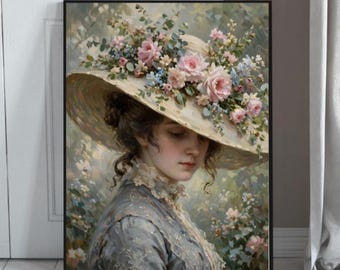 Vintage Floral Woman Portrait Printable Wall Art, Victorian Garden Girl Digital Download, Romantic Decor