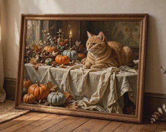 Vintage Autumn Cat Wall Art Orange Tabby Pumpkin Poster Printable Digital Download Warm Fall