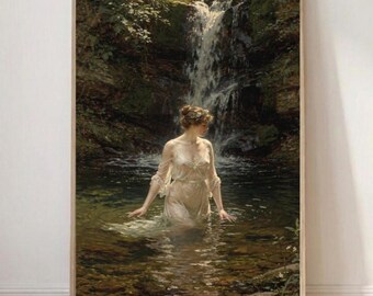 Vintage Waterfall Oil Painting - Victorian Woman Wall Art, Romantic Nature Printable Decor