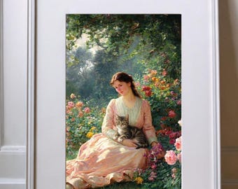 Victorian Woman Cat Art Print: Tabby Cat, Moody Floral Garden (Digital Download)