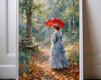 Vintage Impressionist Autumn Wall Art Victorian Woman Red Umbrella - Poster Printable Digital Download