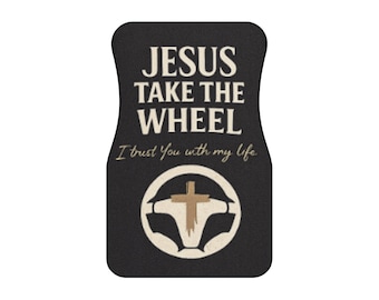 Tapetes Automotivos "Jesus Take The Wheel" (Conjunto de 4) — Tapetes automotivos cristãos com desenho de cruz no volante