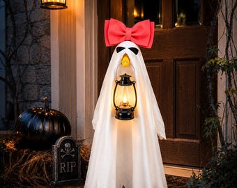 Halloween Ghost Porch Goose Outfit for 23 Inch Goose, White Ghost Costume Cover, Pink Bow, LED Lantern, Outdoor Fall Decor Gift