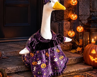Halloween-gåsdräkt för verandagås, lila häxklänning, kuslig uteplatsdekoration, höstkläder för trädgårdsgås