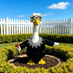 Puede incluir: Una estatua de jardín caprichosa de un ganso vestido de juez, con una túnica negra, un cuello de encaje blanco y gafas. El ganso sostiene una maza roja y está rodeado de arbustos verdes y una valla blanca bajo un cielo azul.