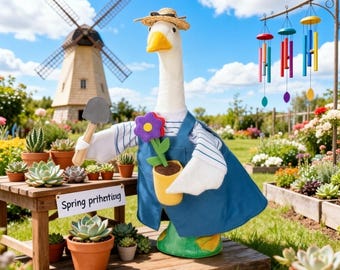 Gardener Goose Outfit for 23" Porch Goose, Cute Spring Garden Goose Clothes with Hat and Flower, Outdoor Yard Patio Decor