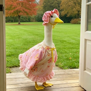 May include: A white goose wearing a pink bonnet and dress with butterfly patterns. The dress has a ruffled hem and sleeves, and a yellow bow. The goose stands on a wooden deck with a green lawn in the background.