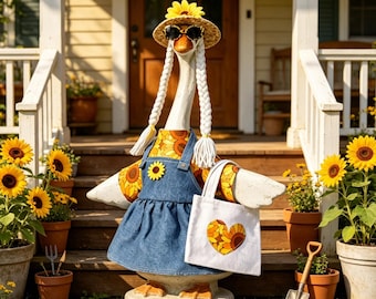 Sonnenblumen-Gans-Outfit für 23-Zoll-Zement- oder Kunststoff-Veranda-Gans, handgefertigtes Sommerkleid mit Schleifenset, niedlicher Rasen-Gartenstatuen-Dekor, einzigartiges Geschenk
