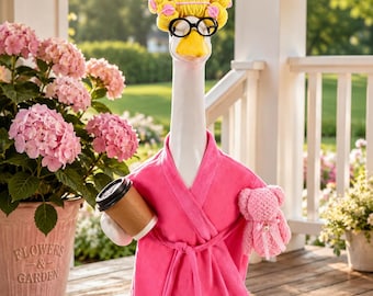 Funny Bathrobe Goose Outfit Set with Gold Hair Curlers, Glasses, Coffee Cup  Doll Hawaiian Vacation Style Clothes for 23" Porch Goose Statue