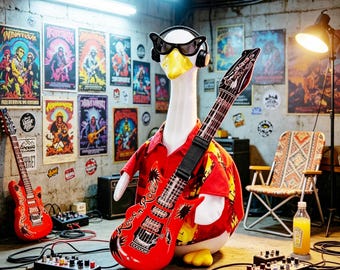 Traje de ganso para porche, disfraz de figurita de ganso con guitarra rock, atuendo de estilo hip hop urbano para ganso de jardín de 58 cm, para fiesta de cumpleaños en la piscina.