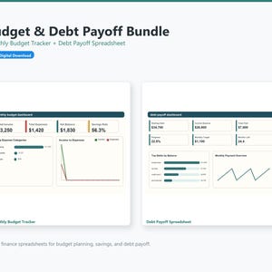 Op de afbeelding: Een digitaal Budget & Debt Payoff Bundle spreadsheet voor Excel. De interface bevat een Monthly Budget Tracker dashboard met inkomsten- en uitgavengrafieken, en een Debt Payoff Spreadsheet dashboard met overzichten van schuldsaldi, voortgang en betalingen.