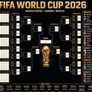 Può includere: Grafica nera e oro per la Coppa del Mondo FIFA 2026, ospitata da Stati Uniti, Canada e Messico. La tabella mostra i gironi delle squadre, i calendari delle partite e il trofeo FIFA.