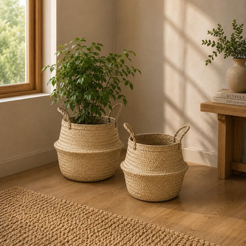 May include: Two round, light tan woven seagrass baskets with sturdy handles. One basket contains a lush green leafy plant, while the other sits empty. The baskets feature a flexible, collapsible design with a wider middle section and a tapered base.