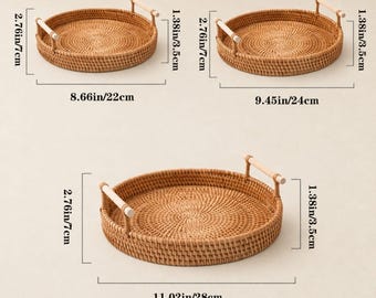 Handwoven Rattan Serving Tray with Handles | Round Wicker Coffee Table Organizer