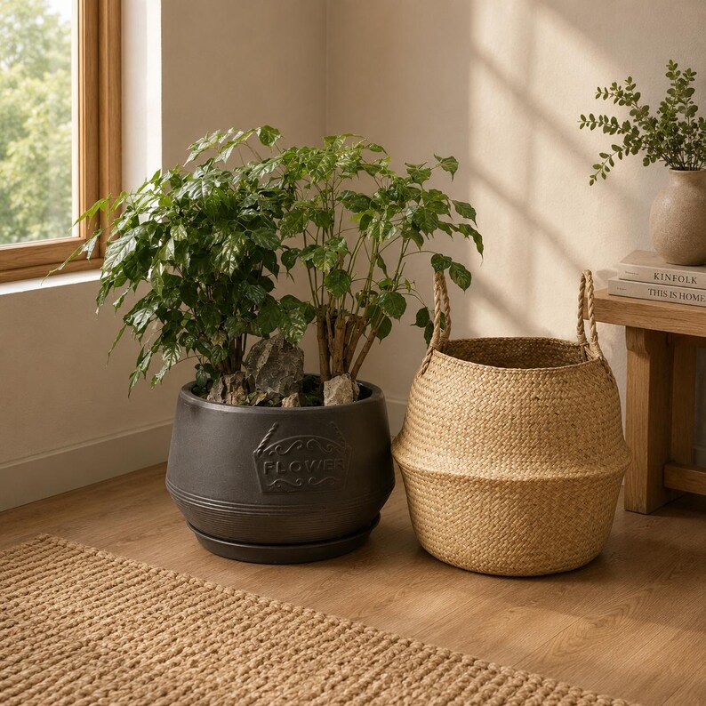 May include: A dark gray, round ceramic planter with a saucer and the embossed word FLOWER on the front, containing a green leafy plant. Beside it sits a tall, woven, light tan seagrass basket with two upright handles and a tapered middle section.
