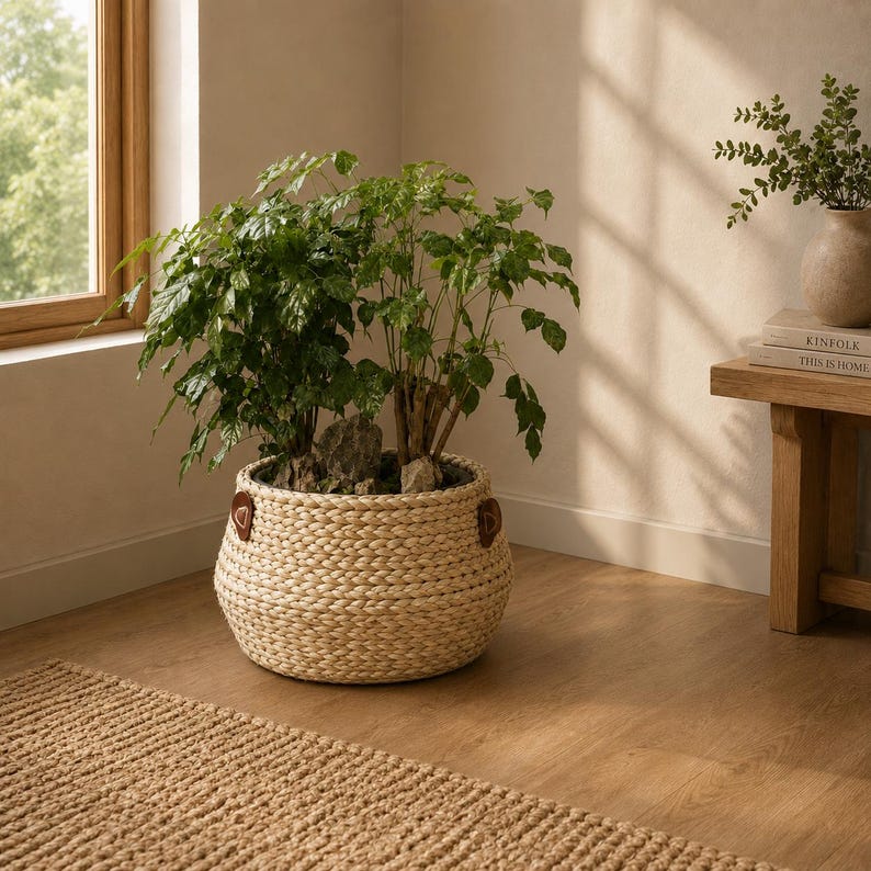 May include: A round, woven light-tan seagrass basket planter featuring two small brown leather side tabs. The basket contains a lush green leafy plant with visible grey stones nestled at the base of the stems within the container.