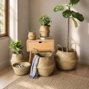 Handwoven Seagrass Planter Basket, Boho Woven Flower Pot Cover, Nursery Storage Bin