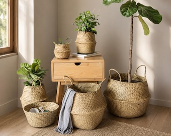 Handwoven Seagrass Planter Basket, Boho Woven Flower Pot Cover, Nursery Storage Bin