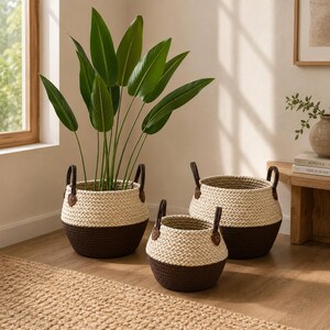 May include: A set of three round woven baskets featuring a two-tone design with a cream-colored upper section and a dark brown base. Each basket includes two dark brown handles attached with small brown leather-like triangular patches on the sides.