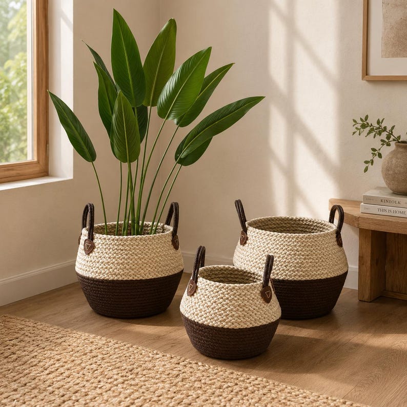 May include: A set of three round woven baskets featuring a two-tone design with a cream-colored upper section and a dark brown base. Each basket includes two dark brown handles attached with small brown leather-like triangular patches on the sides.