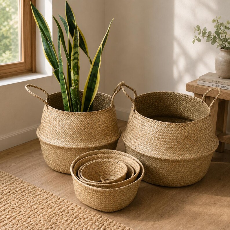 May include: A set of woven seagrass baskets in natural tan tones, featuring two large round baskets with side handles and a smaller nested set of three bowls. One large basket contains a tall green and yellow snake plant with pointed leaves.