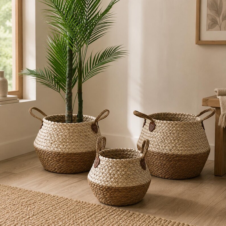 May include: A set of three woven baskets featuring a two-tone design with a light beige upper section and a darker brown base. Each basket includes two sturdy handles attached with small brown triangular leather-like patches on the sides.
