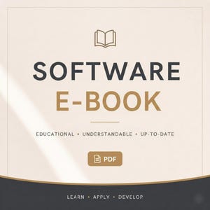 Op de afbeelding: Een e-book cover met de titel "SOFTWARE E-BOOK" in grote, vette letters. De cover bevat de woorden "EDUCATIONAL, UNDERSTANDABLE, UP-TO-DATE" en een PDF-pictogram. De onderkant van de cover luidt "LEARN, APPLY, DEVELOP".