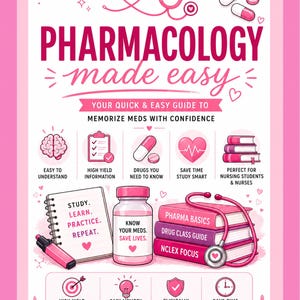 Op de afbeelding: Roze infographic getiteld "Farmacologie gemakkelijk gemaakt" met illustraties van een hersenen, pillen, een hart, boeken en een stethoscoop. De tekst bevat "Studeren, Leren, Oefenen, Herhalen" en "Ken je medicijnen, red levens."