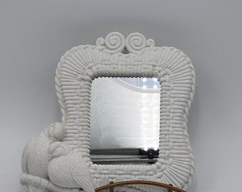 White Lovebird Wall Mirror Faux Wicker Rattan Cottagecore Decor Vintage Burwood