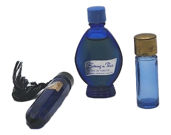 Vintage Bourjois Evening in Parijs, kobaltblauw, 2 parfumflesjes en reisflacon