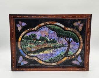 Vintage Brazilian Butterfly Wing Framed Teak Inlay Yacht Club Bahia Salvador