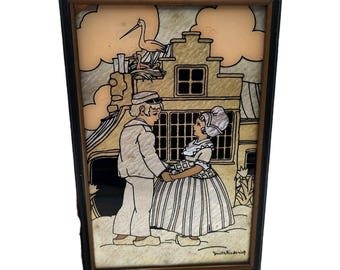 Art vintage des années 1930, double feuille de verre peinte inversée hollandaise Smith Frederick encadré